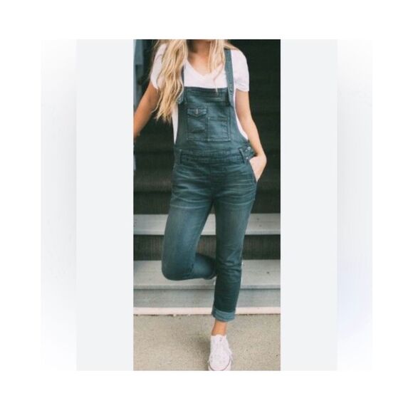 FREE PEOPLE WE THE FREE FP Denim Overalls Dark Wash Size 28 Green/blue - Picture 1 of 10